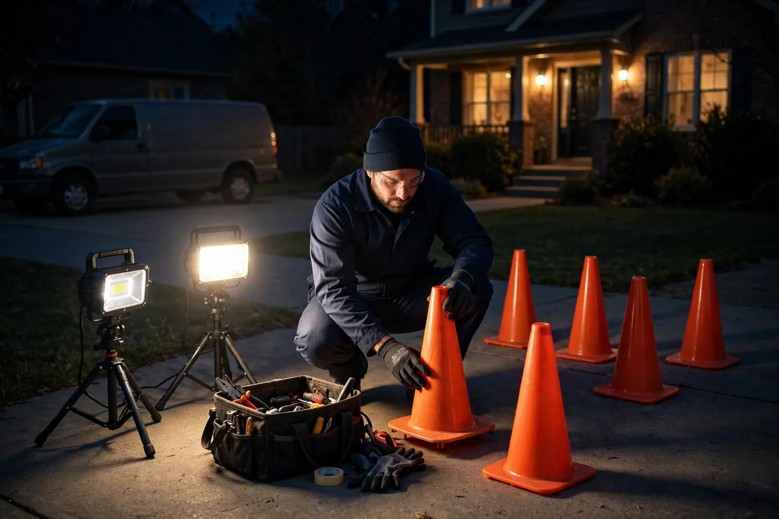 Arrival and safety setup: work lights and plain cones outside the home at night