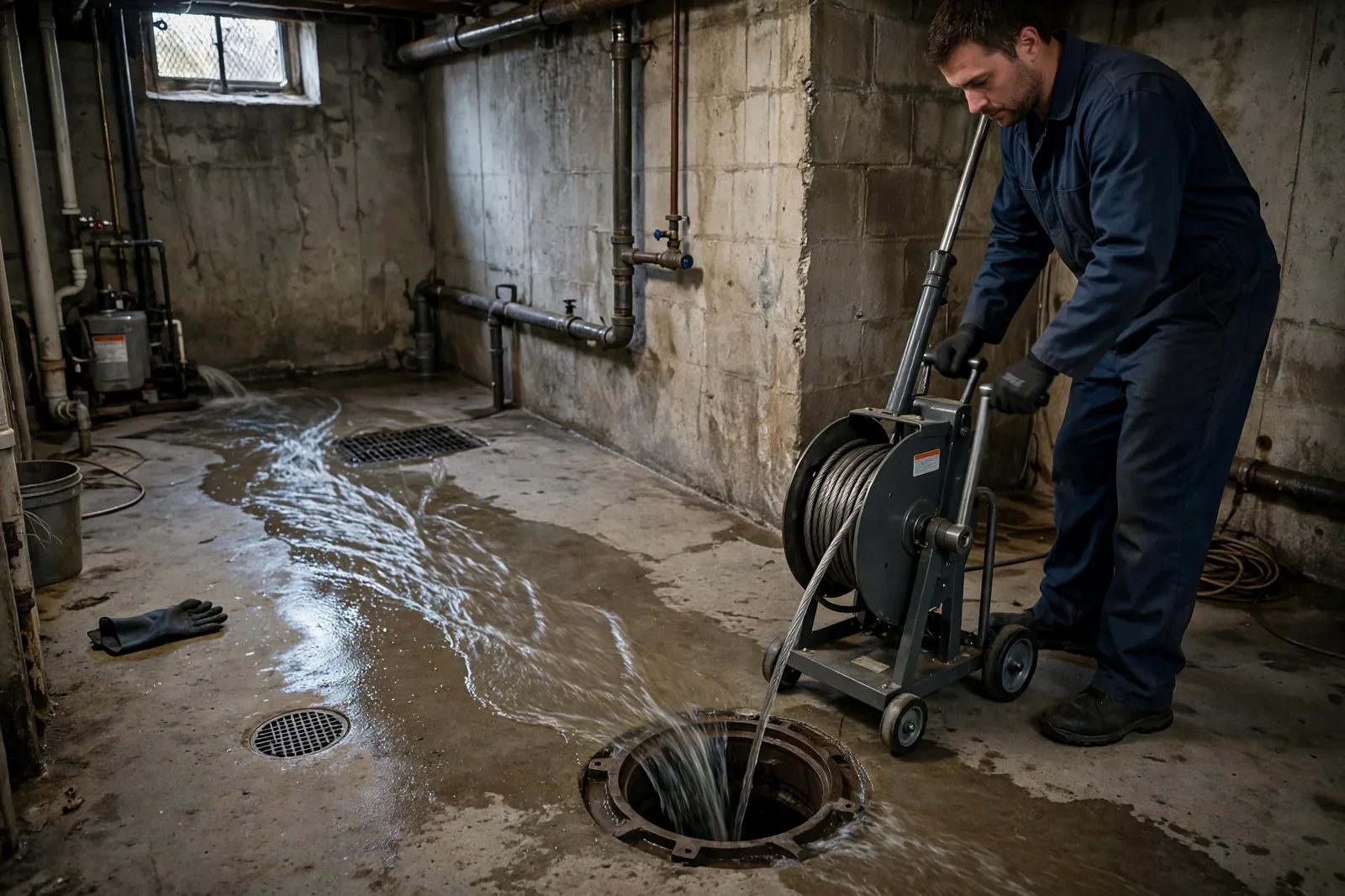 Cable machine clearing the blockage at a basement cleanout