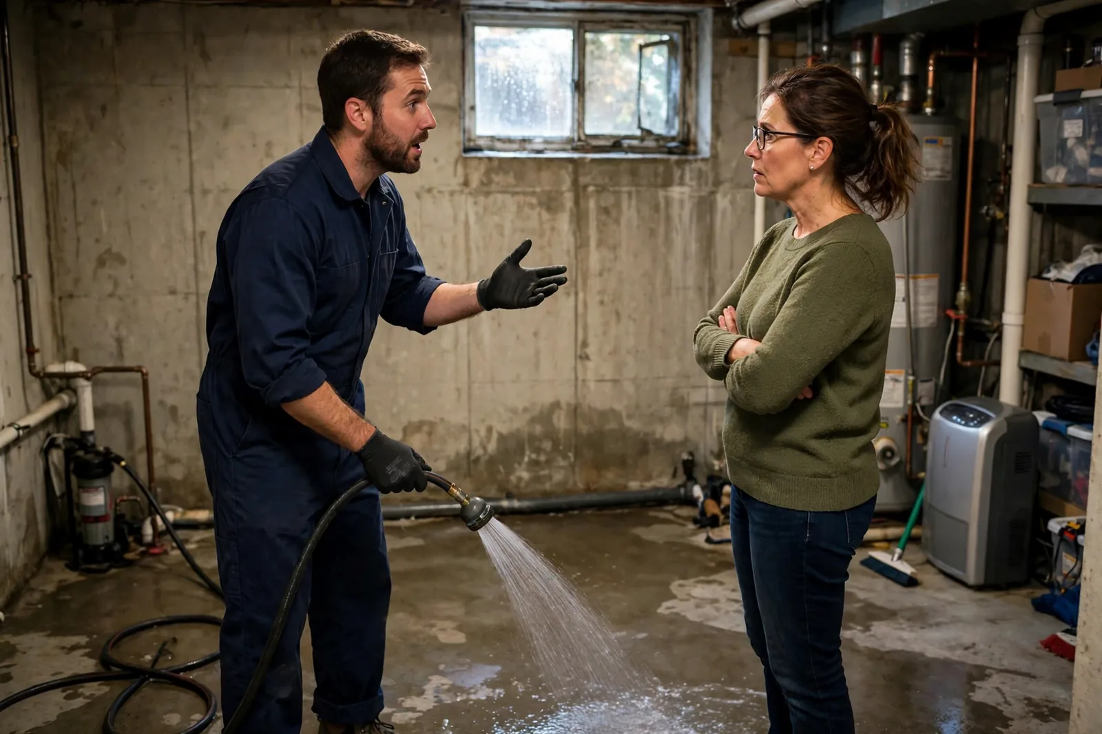 Technician rinsing the floor and explaining the findings to the homeowner