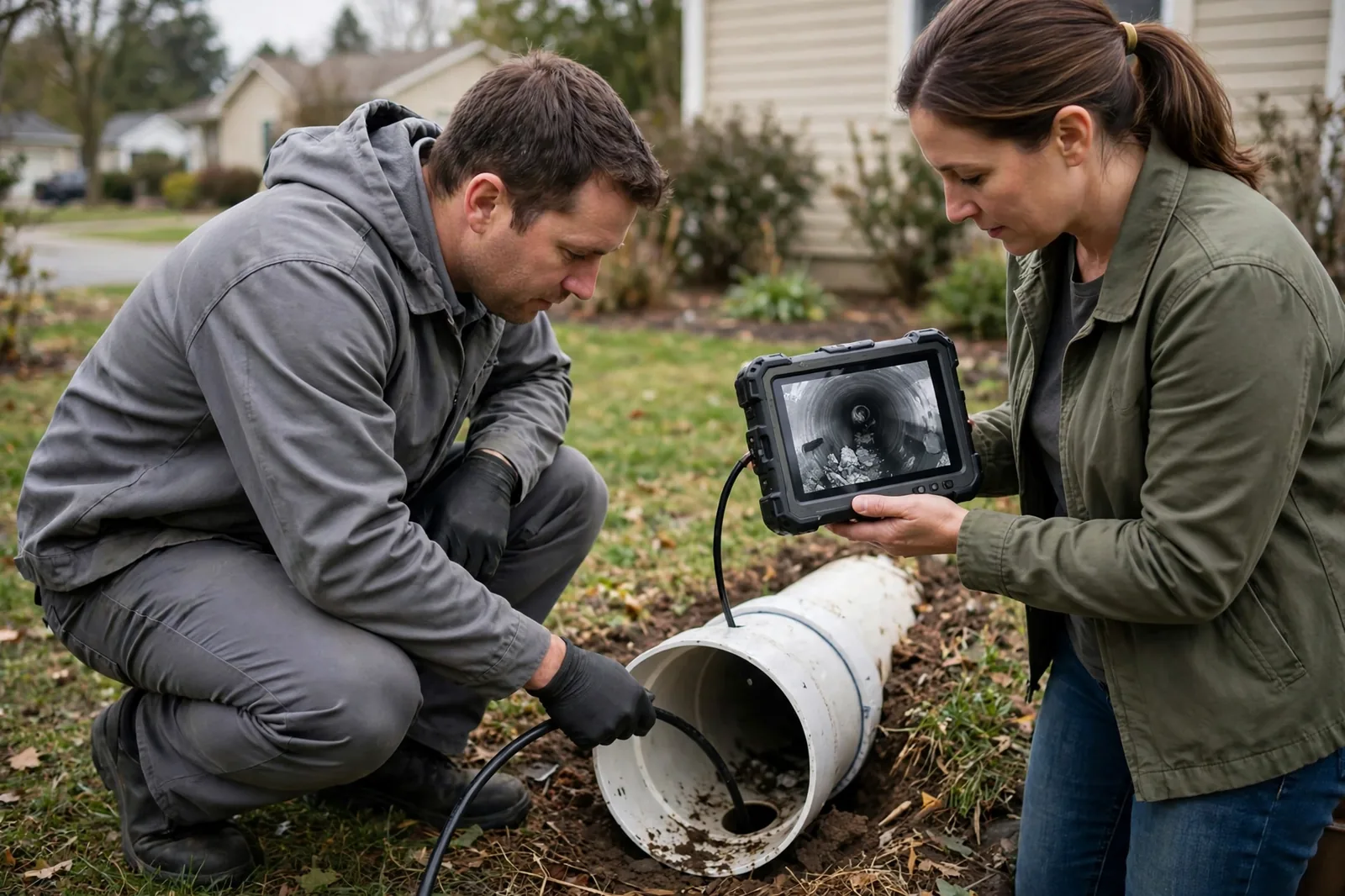 Technician feeding a sewer camera into a Duluth front-yard cleanout while the homeowner watches the monitor