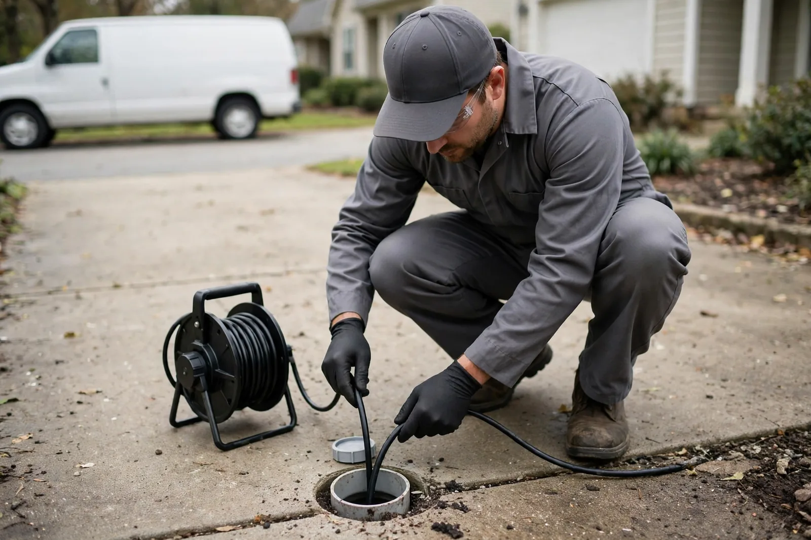 Camera look first: technician running a camera into a driveway cleanout