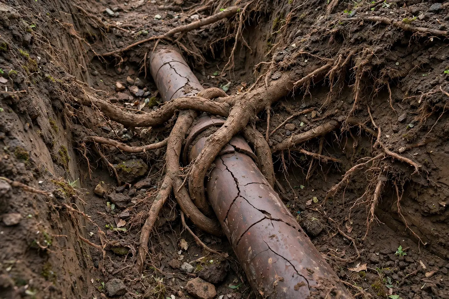 Clay laterals cracked by mature oak roots