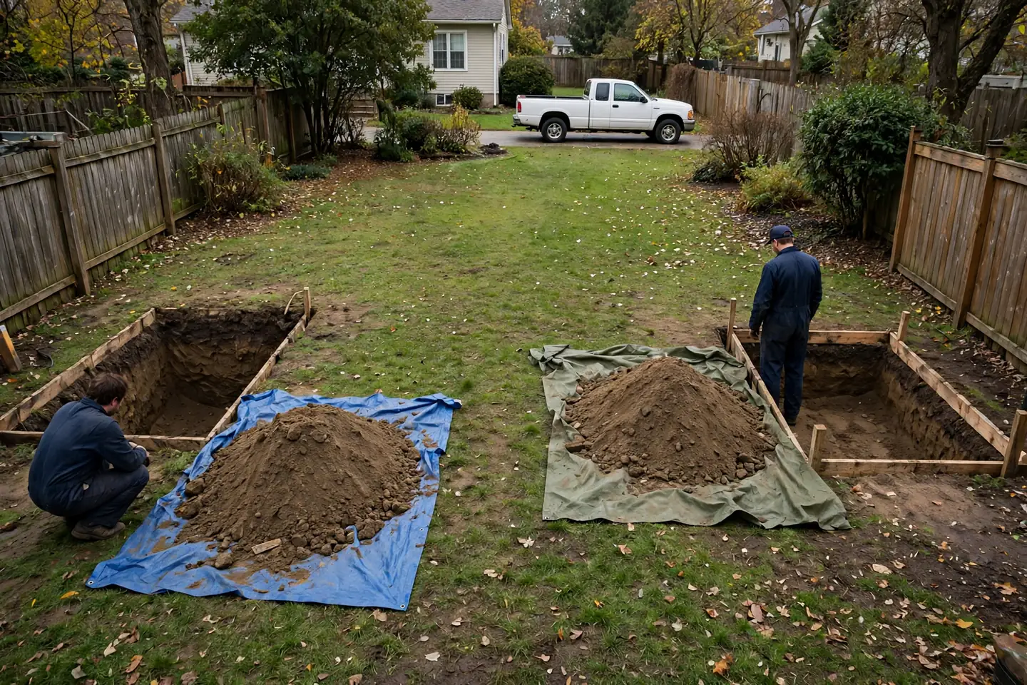Two access pits dug at the ends of the yard, soil piled on tarps
