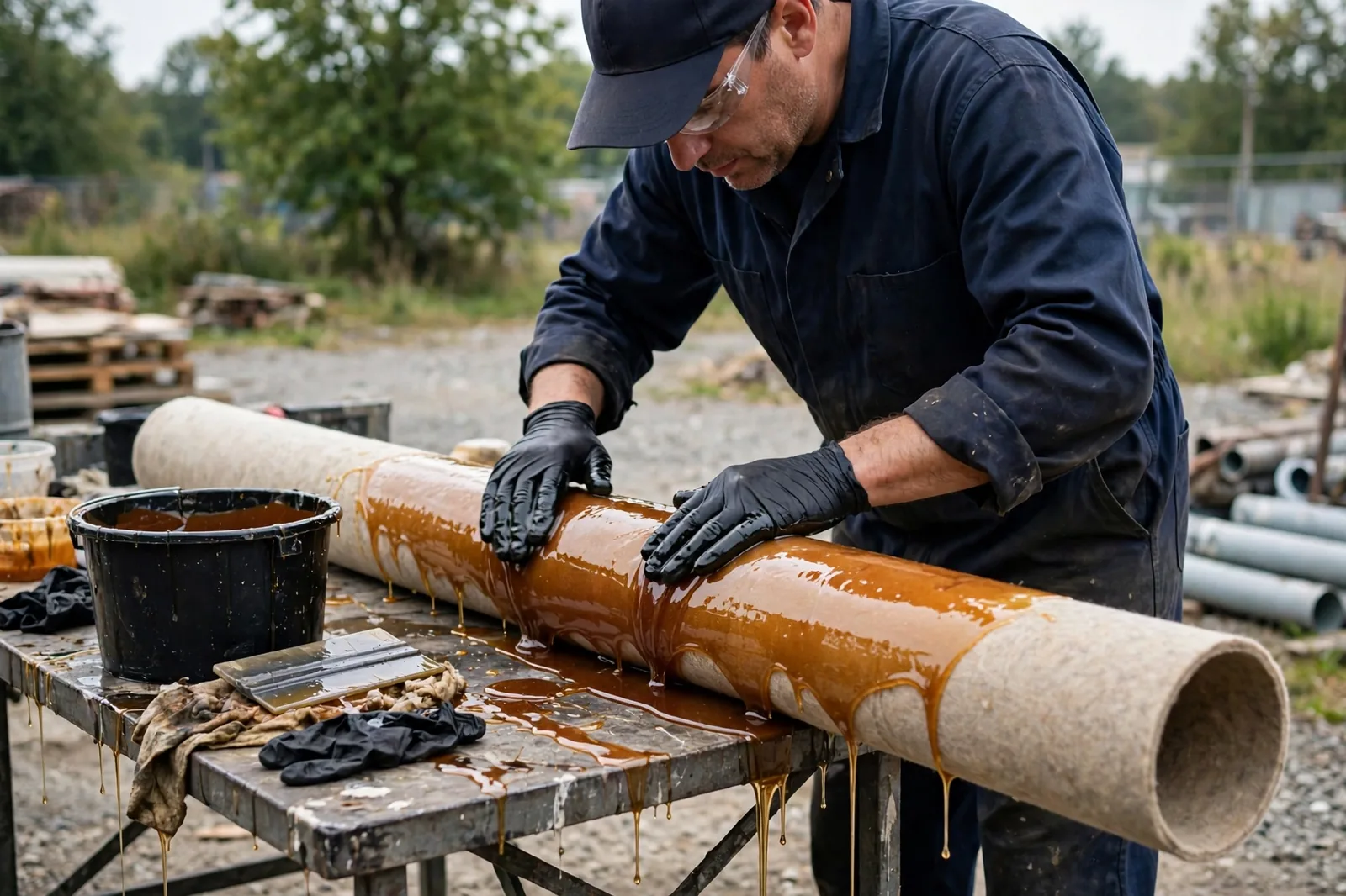 Technician soaking the liner with resin on an outdoor work table
