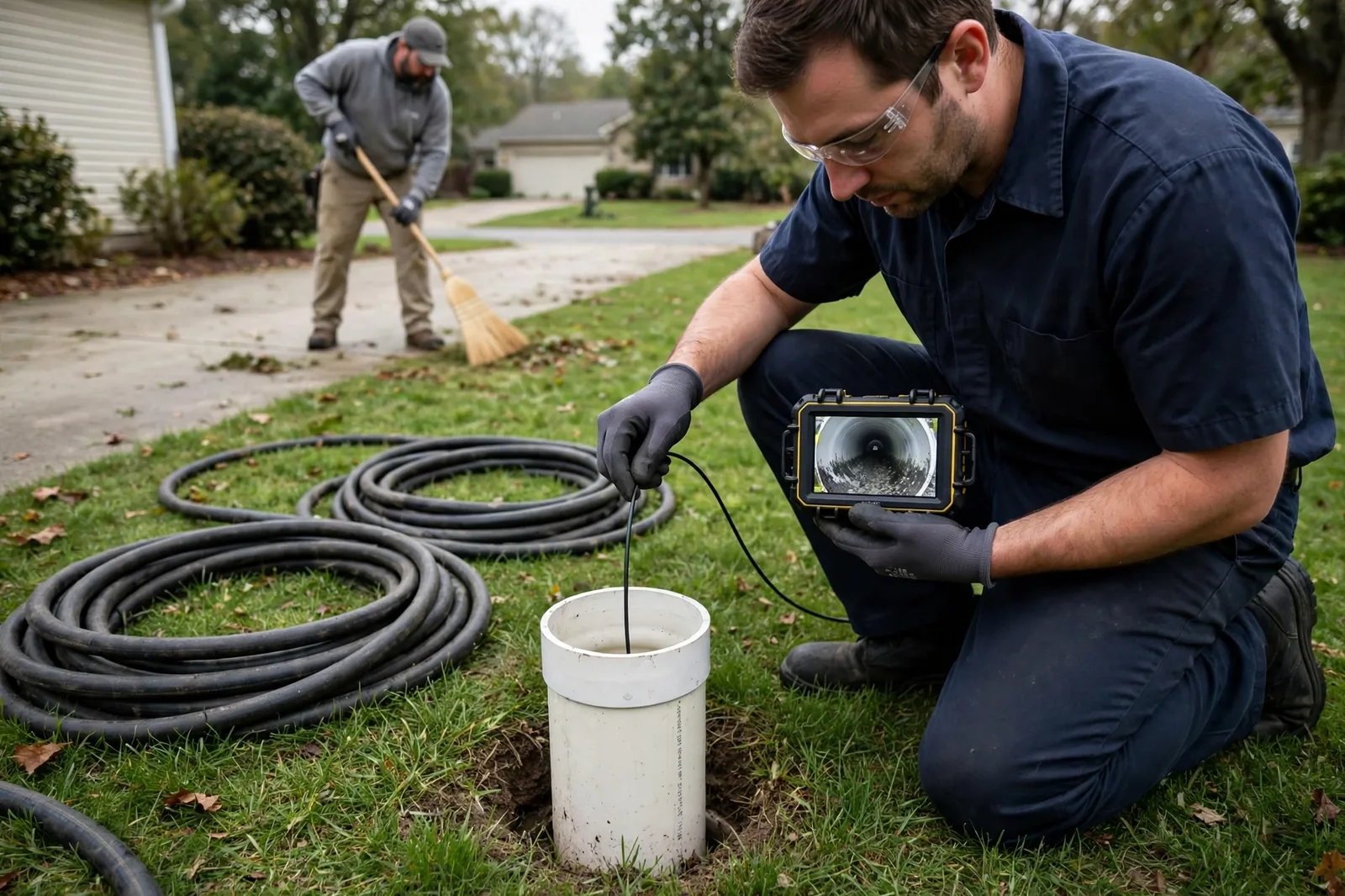 Technician doing a final camera check at a yard cleanout, hoses coiled on the lawn