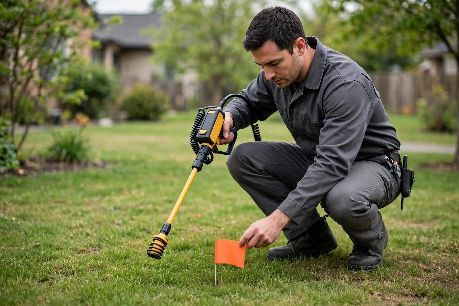 Technician locating the line from above with a locator wand