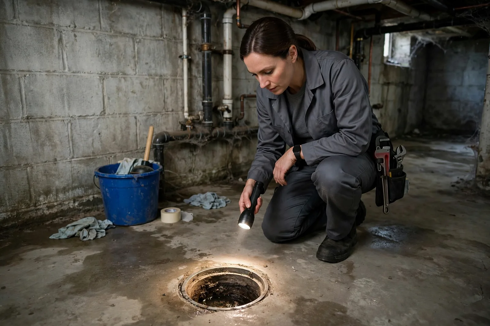 Technician checking symptoms and finding the cleanout in a basement