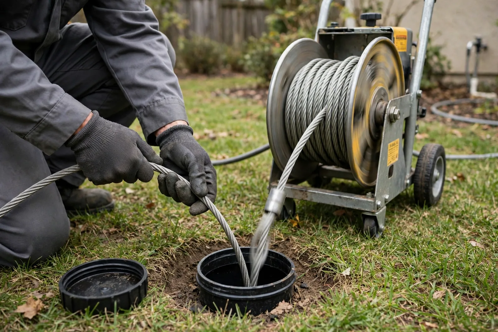 Cable machine feeding a spinning cable into a yard cleanout