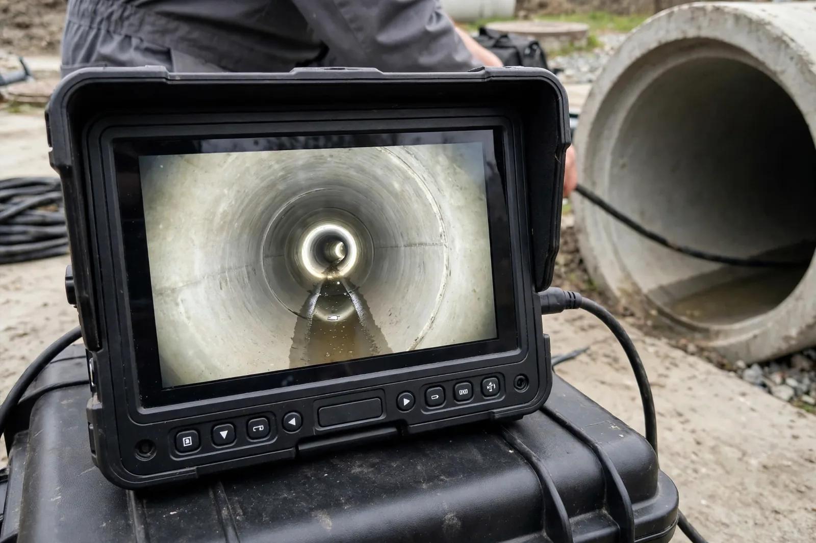 Monitor showing the clean pipe interior during the verification pass