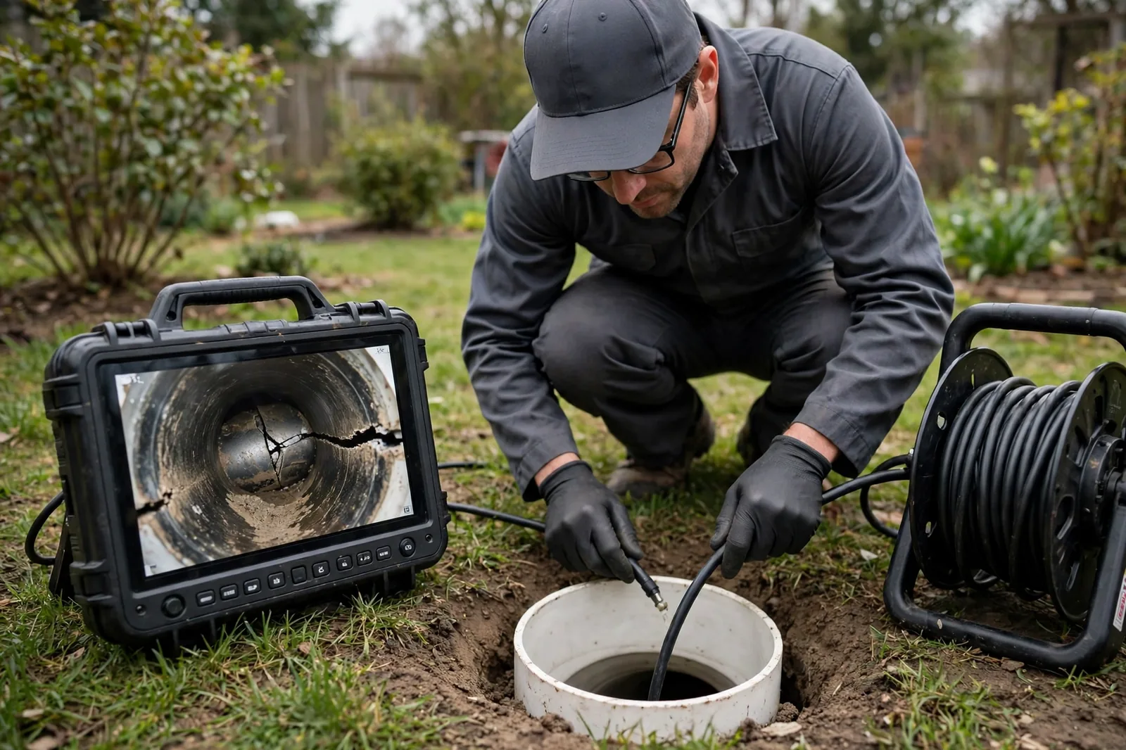 Camera inspection first: technician running a sewer camera into a Duluth yard cleanout