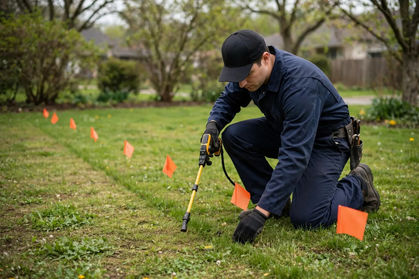 Technician locating and marking the sewer line path across a Duluth lawn
