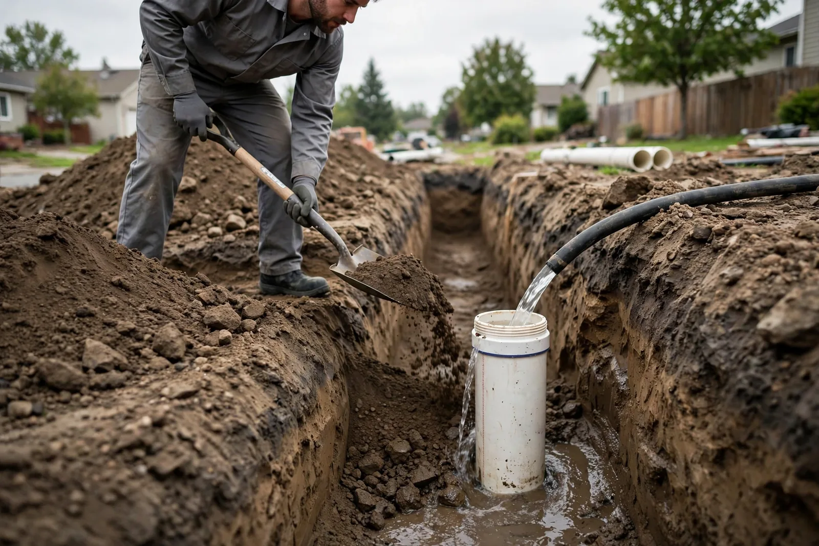 Worker backfilling the trench while a water test runs through the repaired line