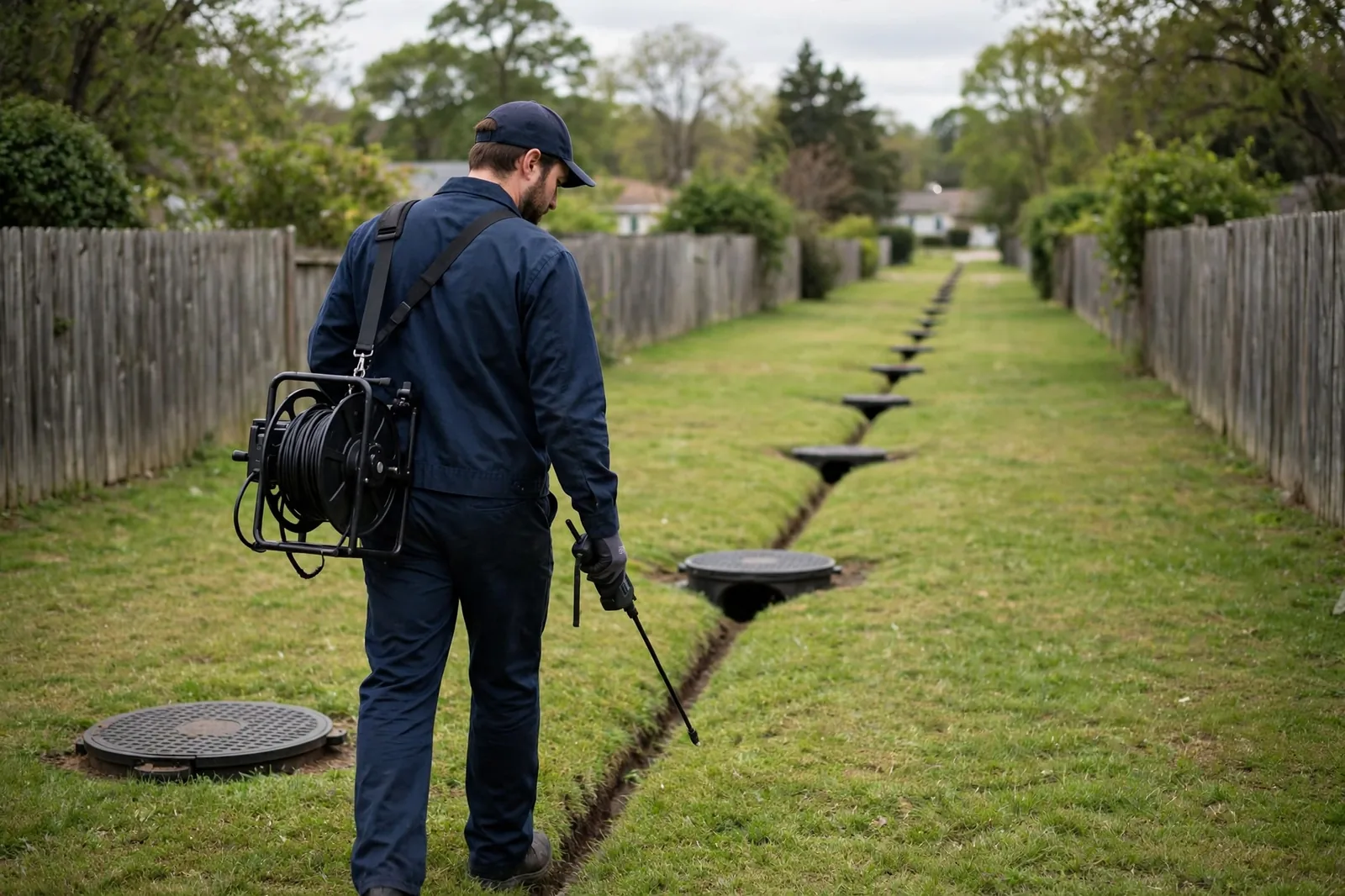 Technician surveying the full sewer run across a Duluth yard with a camera reel and locator