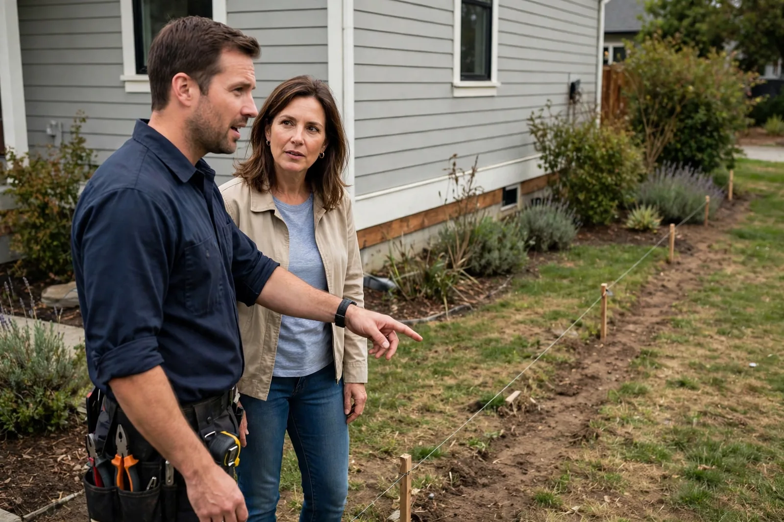 Technician talking through the replacement method with the homeowner beside the house