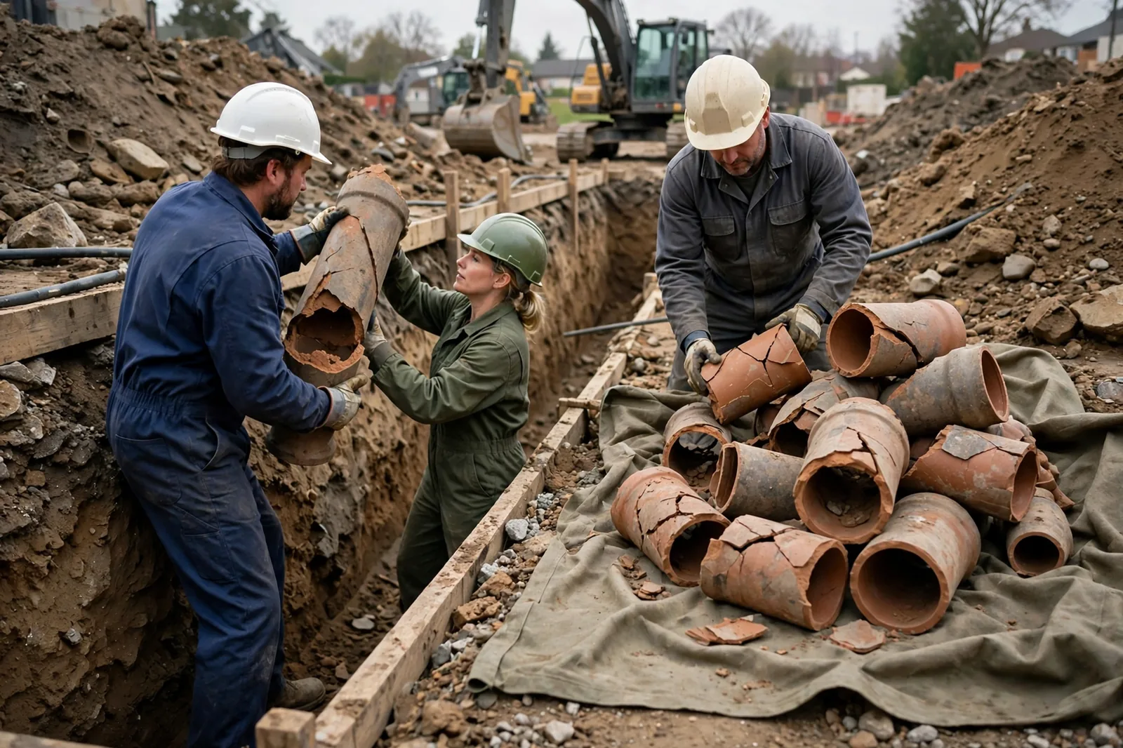 Crew removing broken old clay pipe sections from the open trench