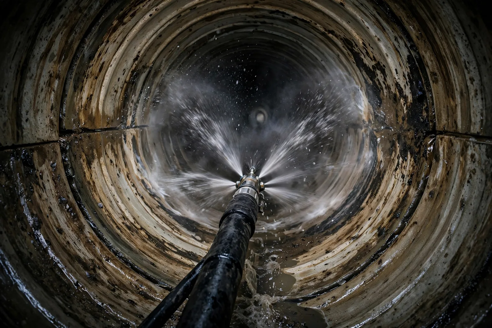 Jetter hose washing the inside of the line clean, camera view